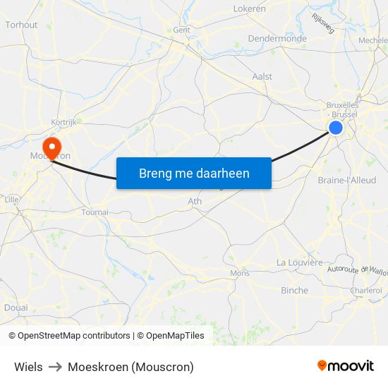 Wiels to Moeskroen (Mouscron) map