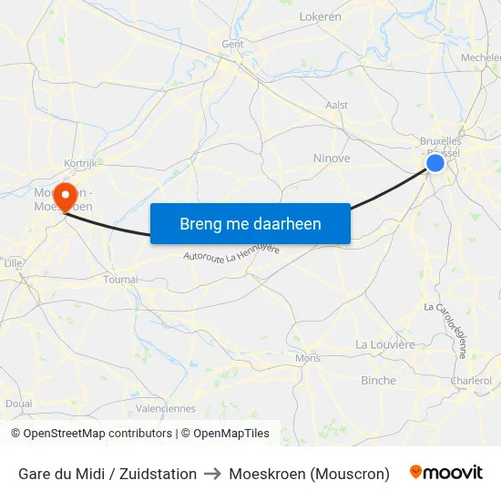 Gare du Midi / Zuidstation to Moeskroen (Mouscron) map