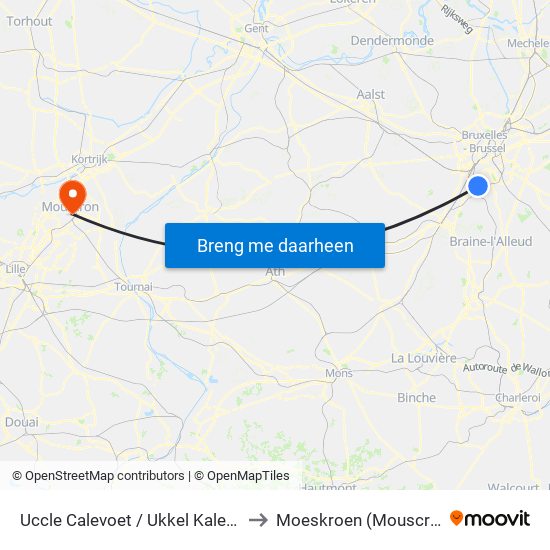 Uccle Calevoet / Ukkel Kalevoet to Moeskroen (Mouscron) map