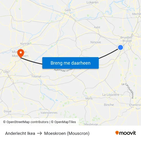 Anderlecht Ikea to Moeskroen (Mouscron) map