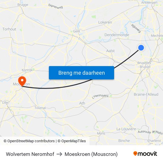 Wolvertem Neromhof to Moeskroen (Mouscron) map