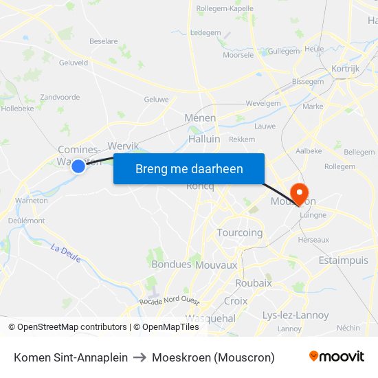 Komen Sint-Annaplein to Moeskroen (Mouscron) map