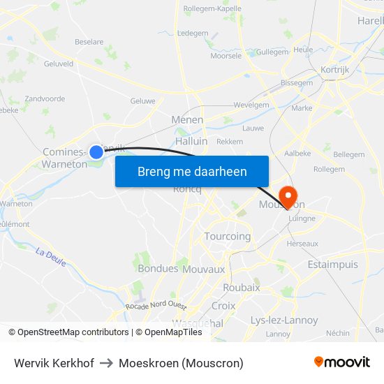 Wervik Kerkhof to Moeskroen (Mouscron) map