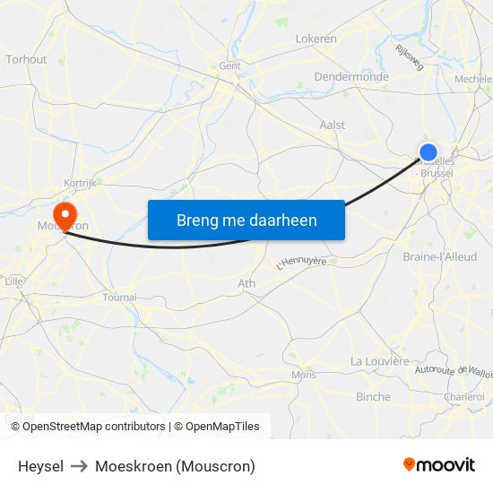 Heysel to Moeskroen (Mouscron) map