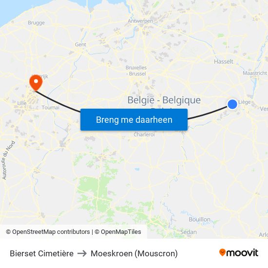 Bierset Cimetière to Moeskroen (Mouscron) map