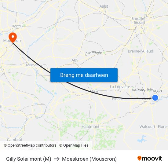 Gilly Soleilmont (M) to Moeskroen (Mouscron) map