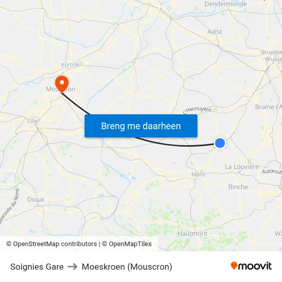 Soignies Gare to Moeskroen (Mouscron) map