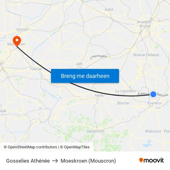 Gosselies Athénée to Moeskroen (Mouscron) map
