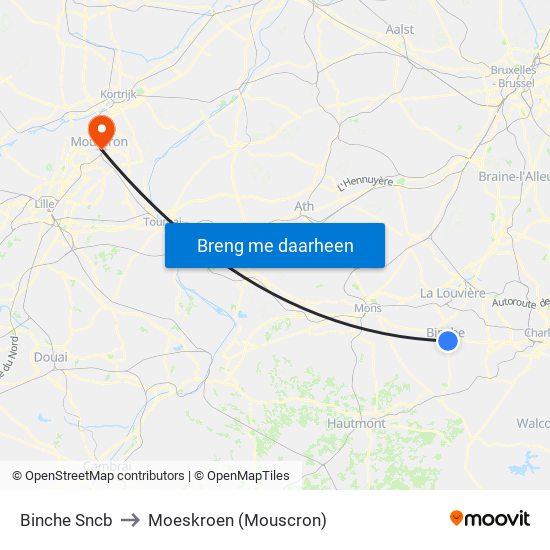 Binche Sncb to Moeskroen (Mouscron) map