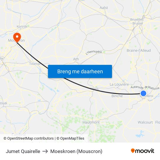 Jumet Quairelle to Moeskroen (Mouscron) map