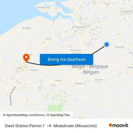 Diest Station Perron 1 to Moeskroen (Mouscron) map