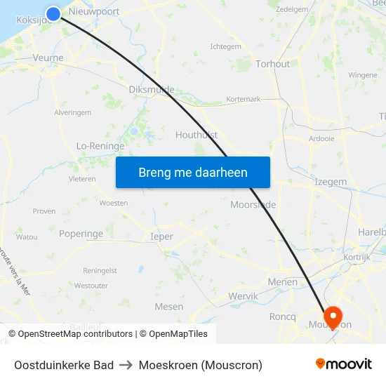 Oostduinkerke Bad to Moeskroen (Mouscron) map