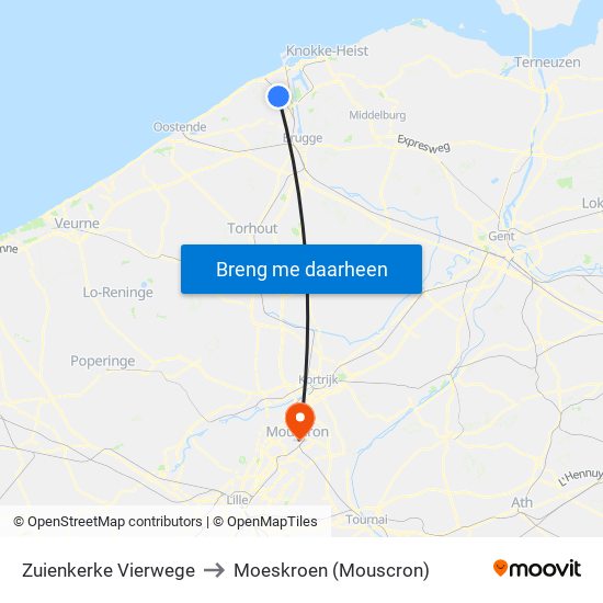 Zuienkerke Vierwege to Moeskroen (Mouscron) map