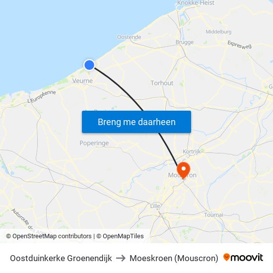 Oostduinkerke Groenendijk to Moeskroen (Mouscron) map