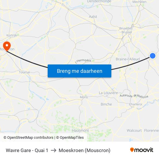 Wavre Gare - Quai 1 to Moeskroen (Mouscron) map