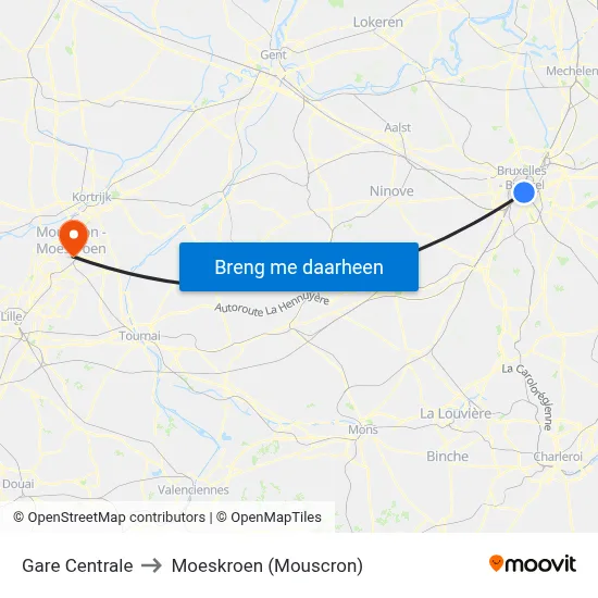 Gare Centrale to Moeskroen (Mouscron) map