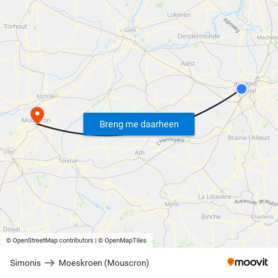Simonis to Moeskroen (Mouscron) map
