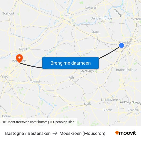 Bastogne / Bastenaken to Moeskroen (Mouscron) map