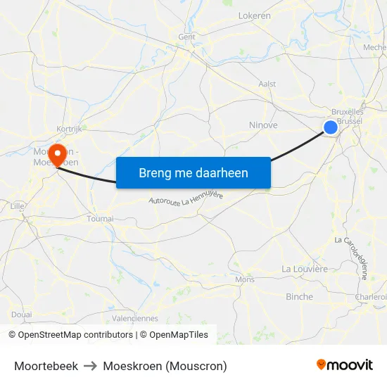 Moortebeek to Moeskroen (Mouscron) map