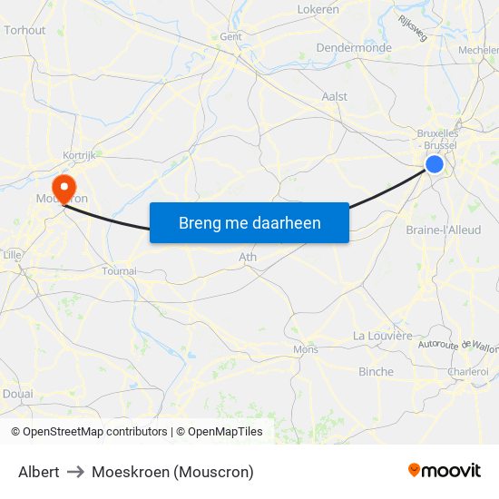 Albert to Moeskroen (Mouscron) map