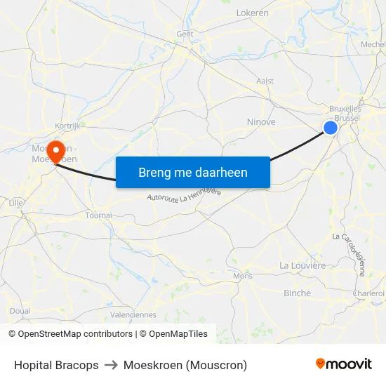 Hopital Bracops to Moeskroen (Mouscron) map