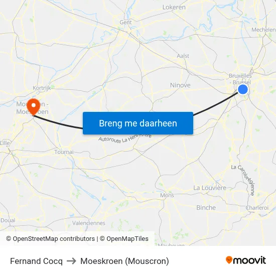 Fernand Cocq to Moeskroen (Mouscron) map