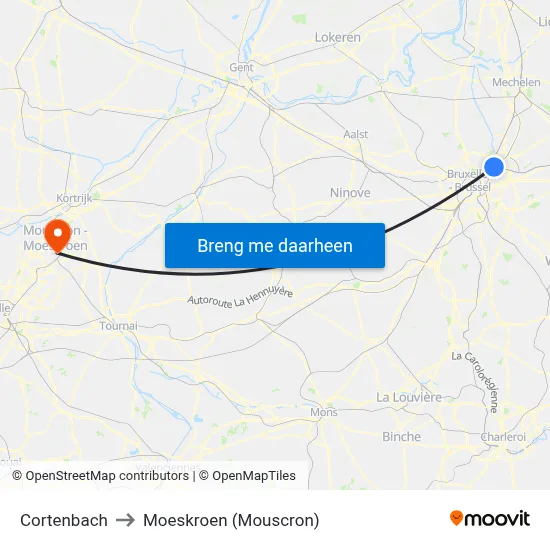 Cortenbach to Moeskroen (Mouscron) map