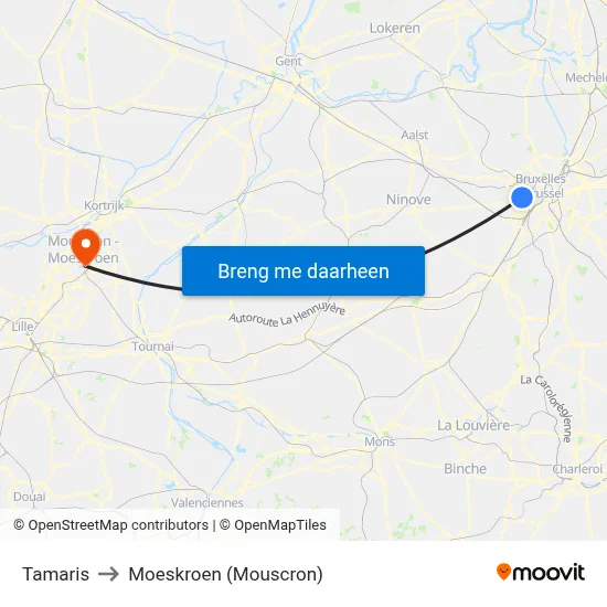 Tamaris to Moeskroen (Mouscron) map