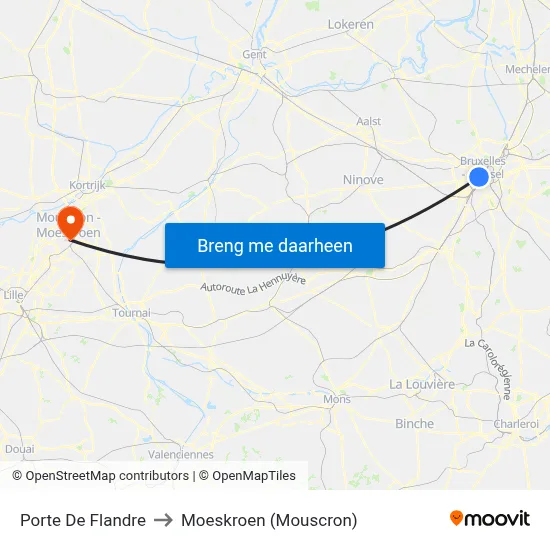 Porte De Flandre to Moeskroen (Mouscron) map