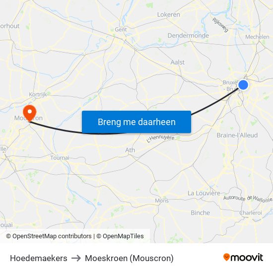 Hoedemaekers to Moeskroen (Mouscron) map