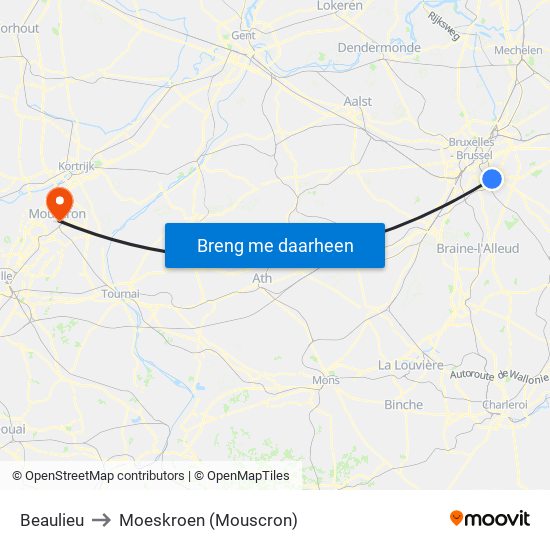 Beaulieu to Moeskroen (Mouscron) map