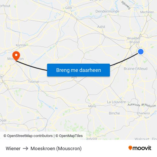 Wiener to Moeskroen (Mouscron) map