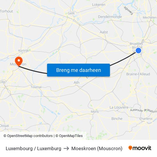 Luxembourg / Luxemburg to Moeskroen (Mouscron) map