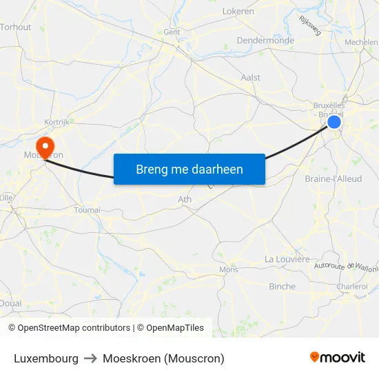 Luxembourg to Moeskroen (Mouscron) map