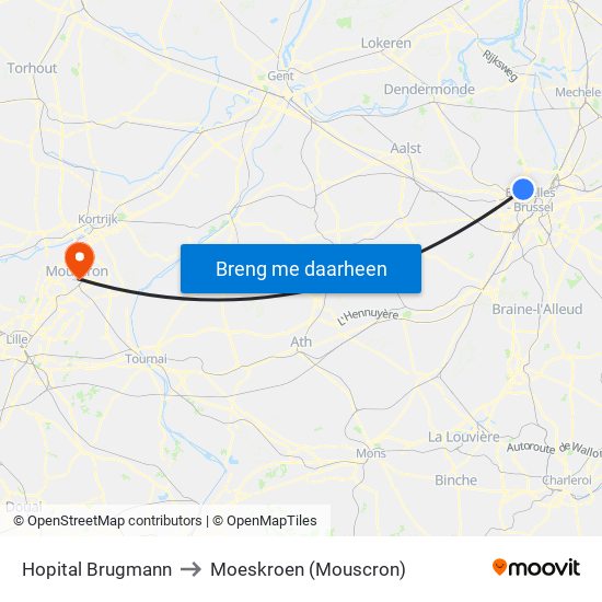 Hopital Brugmann to Moeskroen (Mouscron) map