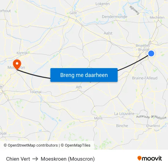 Chien Vert to Moeskroen (Mouscron) map