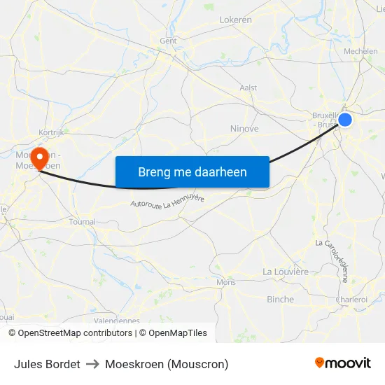 Jules Bordet to Moeskroen (Mouscron) map