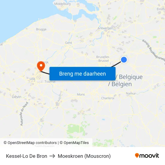 Kessel-Lo De Bron to Moeskroen (Mouscron) map
