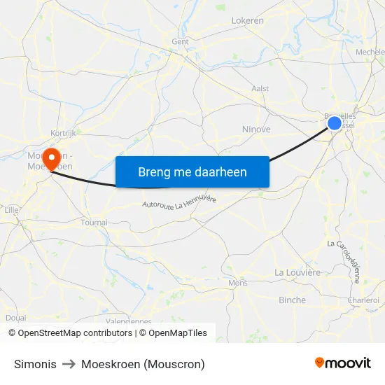 Simonis to Moeskroen (Mouscron) map