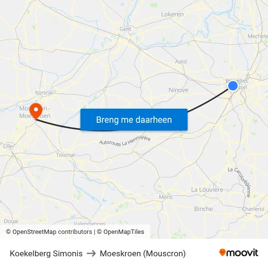Koekelberg Simonis to Moeskroen (Mouscron) map