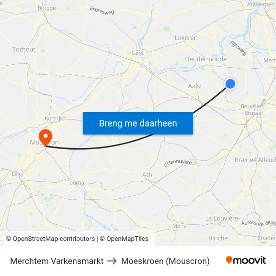 Merchtem Varkensmarkt to Moeskroen (Mouscron) map