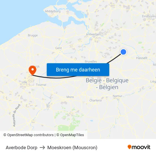 Averbode Dorp to Moeskroen (Mouscron) map