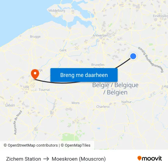 Zichem Station to Moeskroen (Mouscron) map