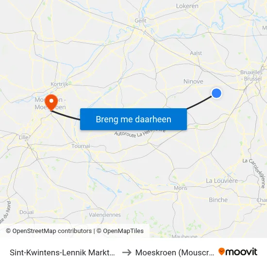 Sint-Kwintens-Lennik Marktplein to Moeskroen (Mouscron) map