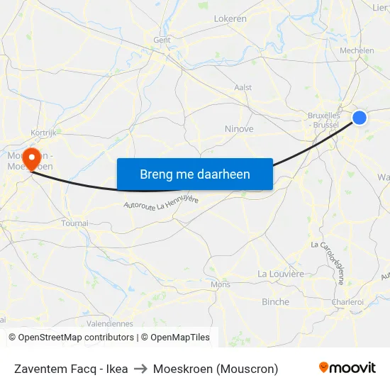 Zaventem Facq - Ikea to Moeskroen (Mouscron) map