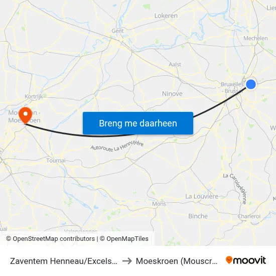 Zaventem Henneau/Excelsior to Moeskroen (Mouscron) map