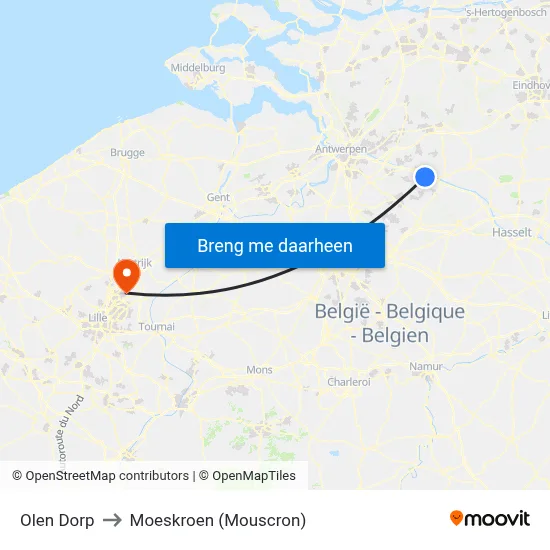 Olen Dorp to Moeskroen (Mouscron) map