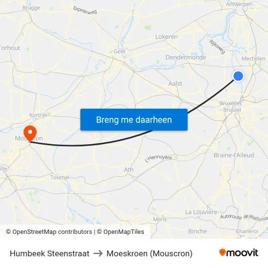 Humbeek Steenstraat to Moeskroen (Mouscron) map