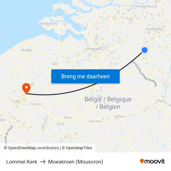 Lommel Kerk to Moeskroen (Mouscron) map