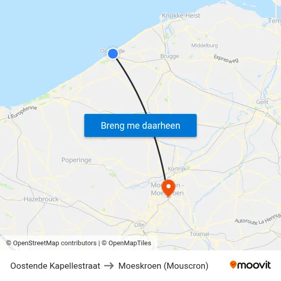 Oostende Kapellestraat to Moeskroen (Mouscron) map